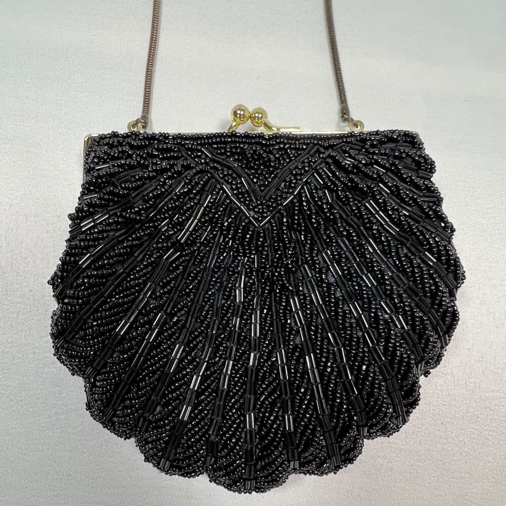 Black Beaded Evening Bag Dressy Purse Chain Strap Lined Kiss Lock Prom Formal